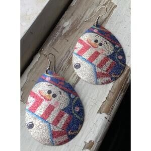 Snowman Christmas Earrings Teardrop Glitter Holiday Dangle Lightweight Metal